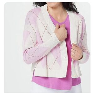 Mizrahi argyle cotton silk cropped boxy cardigan lavender